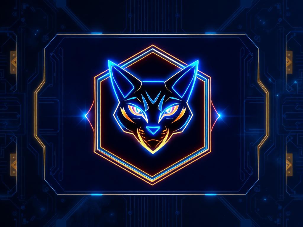 Happy Cat project emblem: glowing blue and gold cat mark on a dark panel
