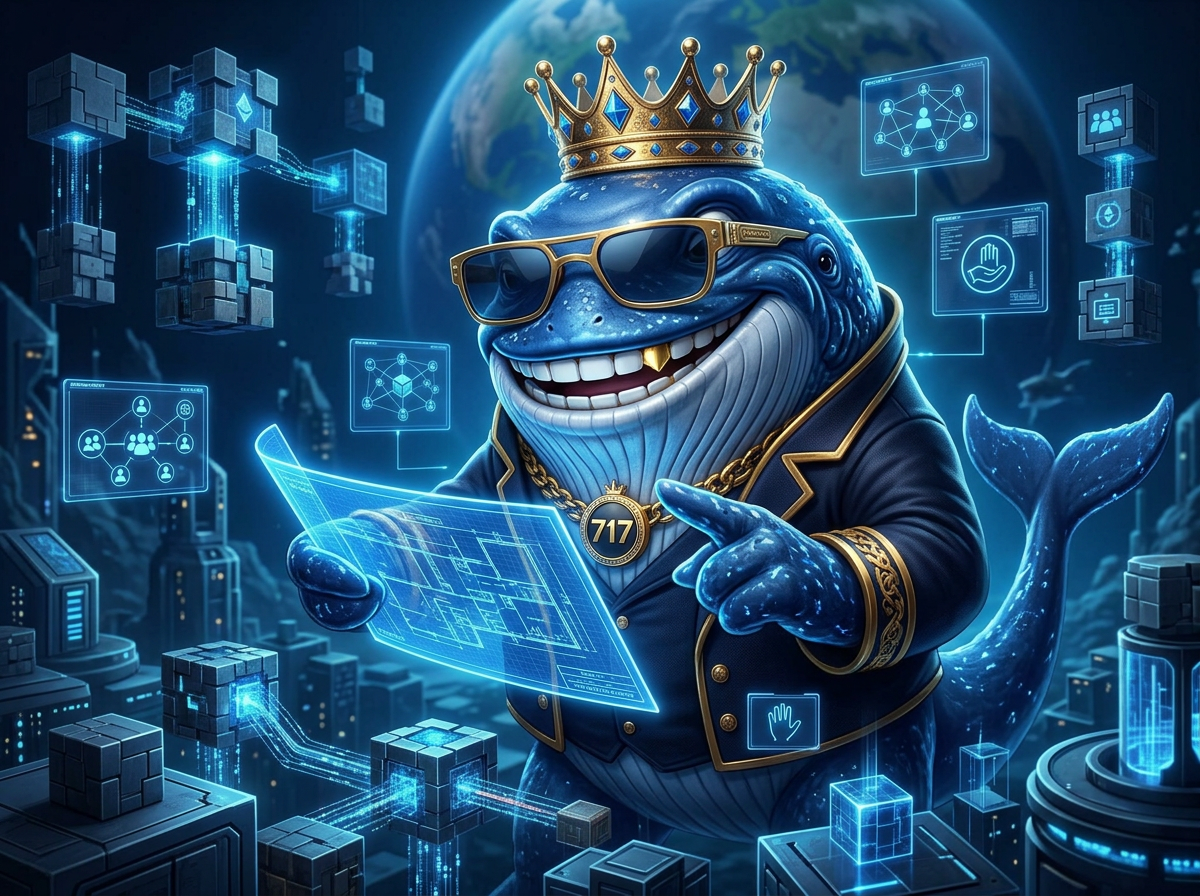 HappyWhale717 mascot in his crown and sunglasses studying a glowing digital blueprint surrounded by blockchain structures and community screens