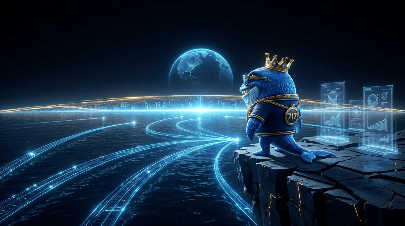 HappyWhale717 mascot standing at the edge of a futuristic ocean cliff looking toward a glowing digital horizon with multiple paths ahead