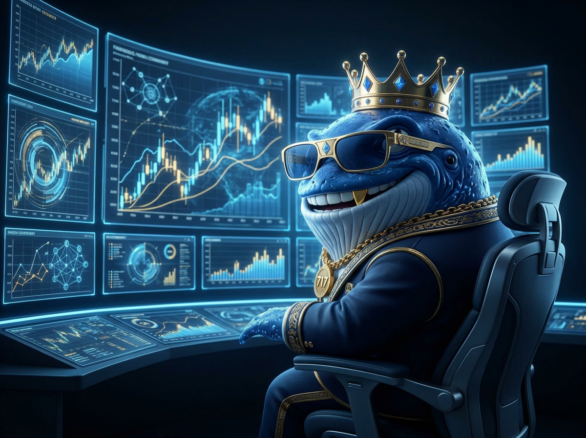 HappyWhale717 mascot seated at a futuristic command centre studying abstract market dashboards